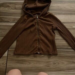 Brown Ribbed Zip-Up Hoodie